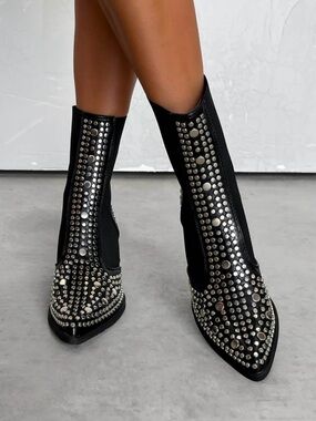 ✨Sergio Todzi Women’s Black Studded Ankle Boots Pointed Chelsea Cowboy Size 38